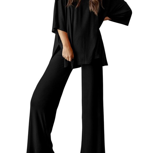 Two Piece Lounge Set Soft Stretchy Knit Wide Leg Pants Chic Casual Outfit